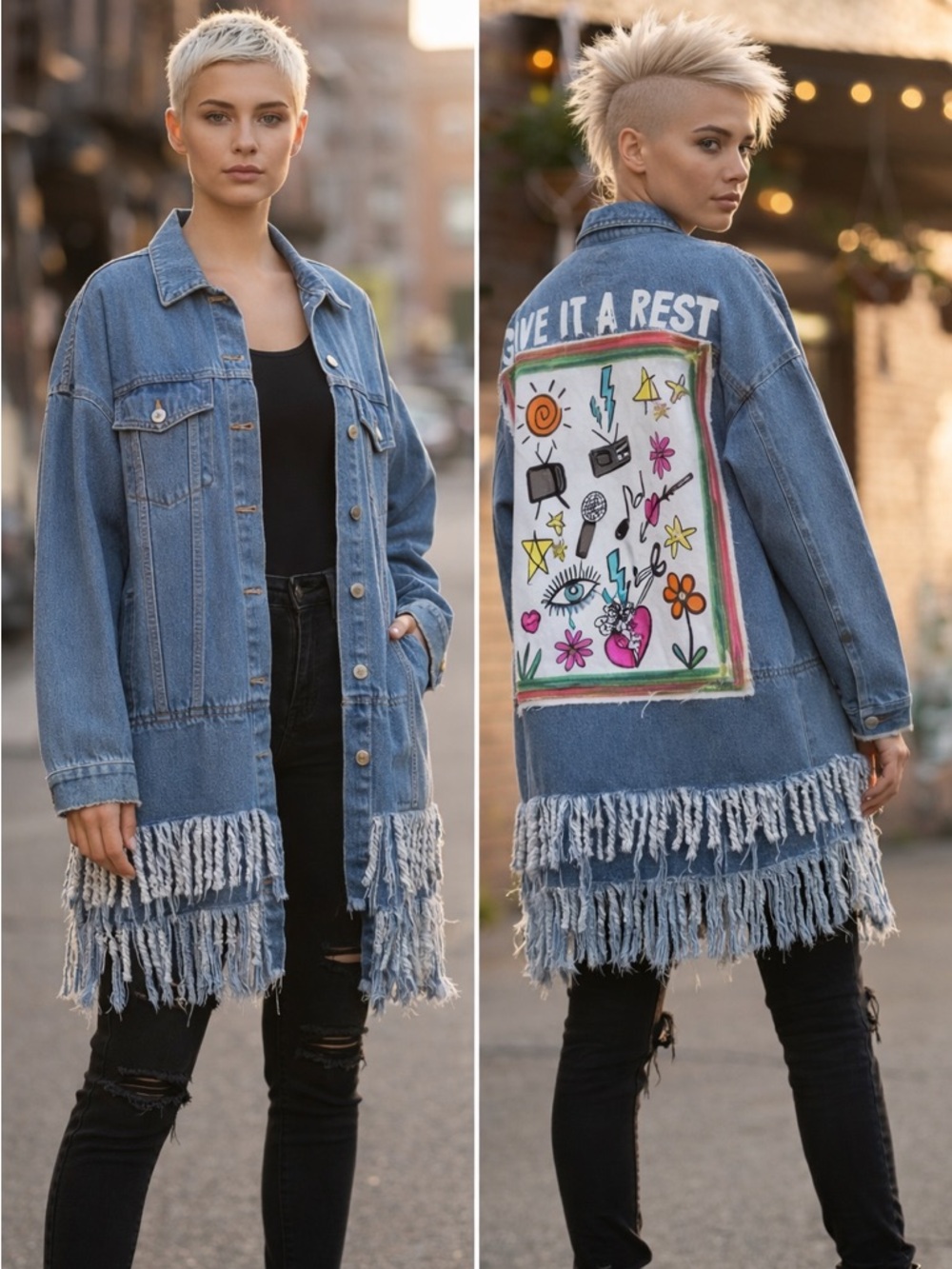 Give It A Rest Fringed Denim Jacket Boho Patchwork Graphic Oversized 100% cotton